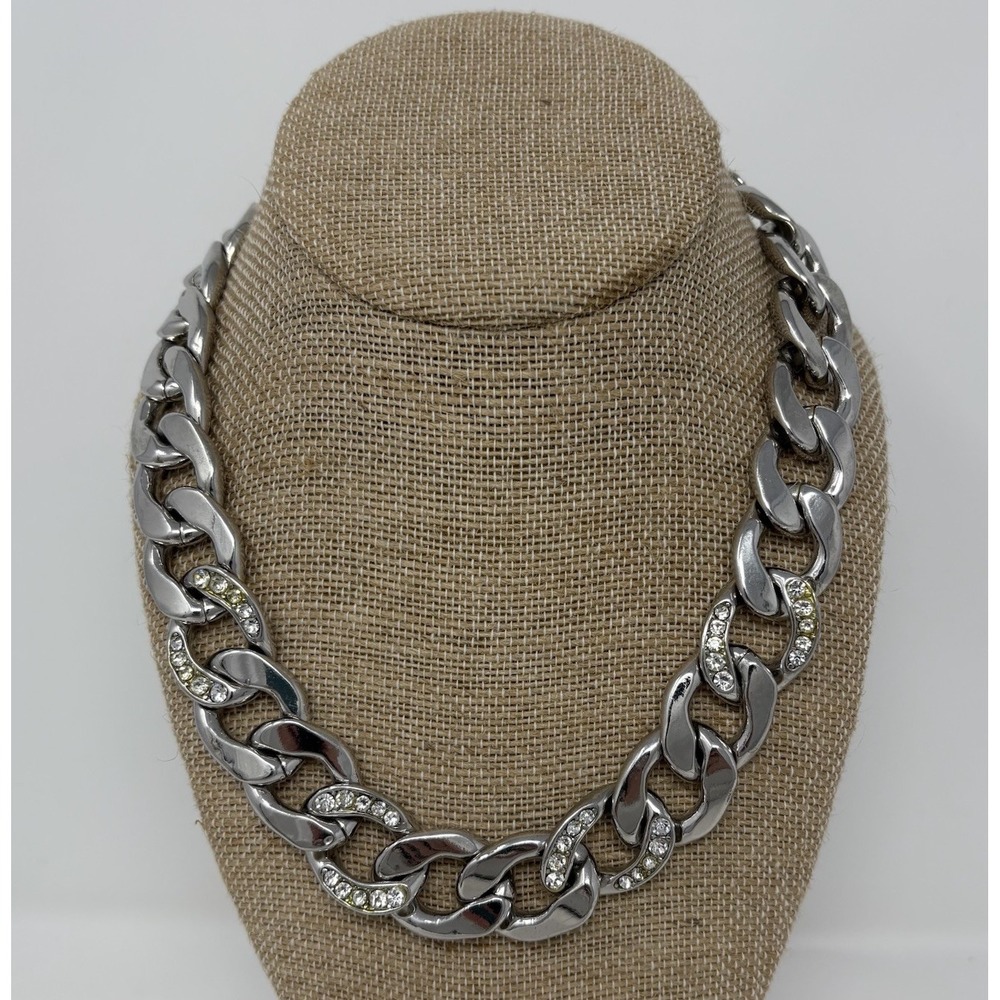 Chunky Silver‎ Tone Curb Chain Necklace 18" Pave Rhinestone Links Statement